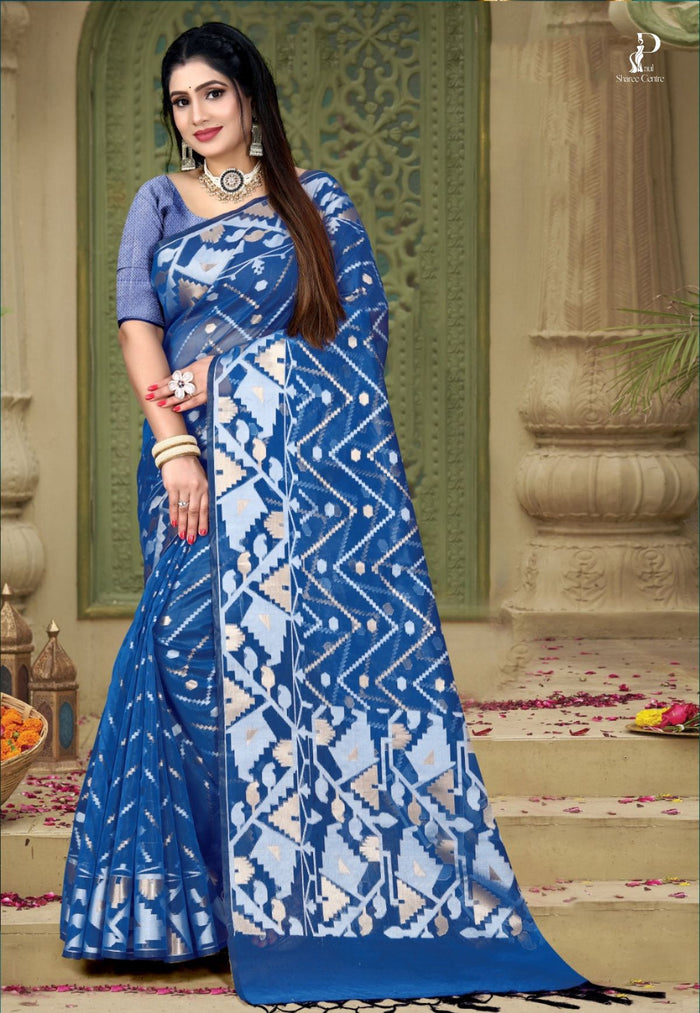 Royal Blue Dhakai Jamdani Saree