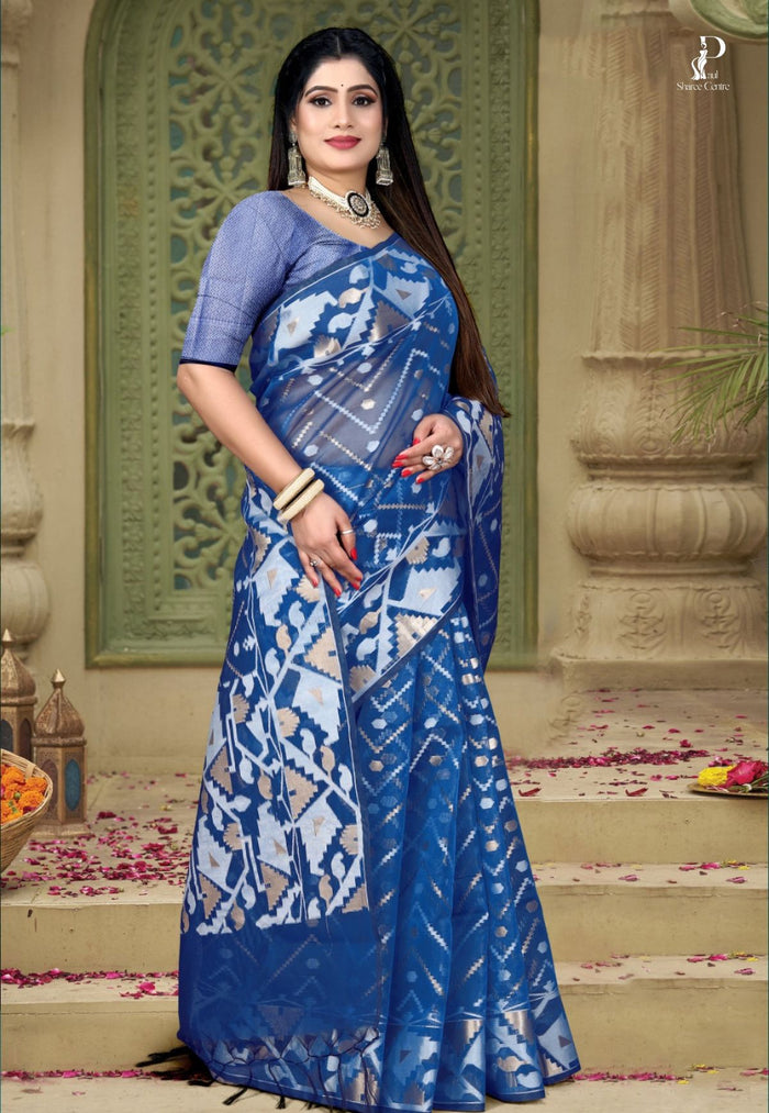 Royal Blue Dhakai Jamdani Saree