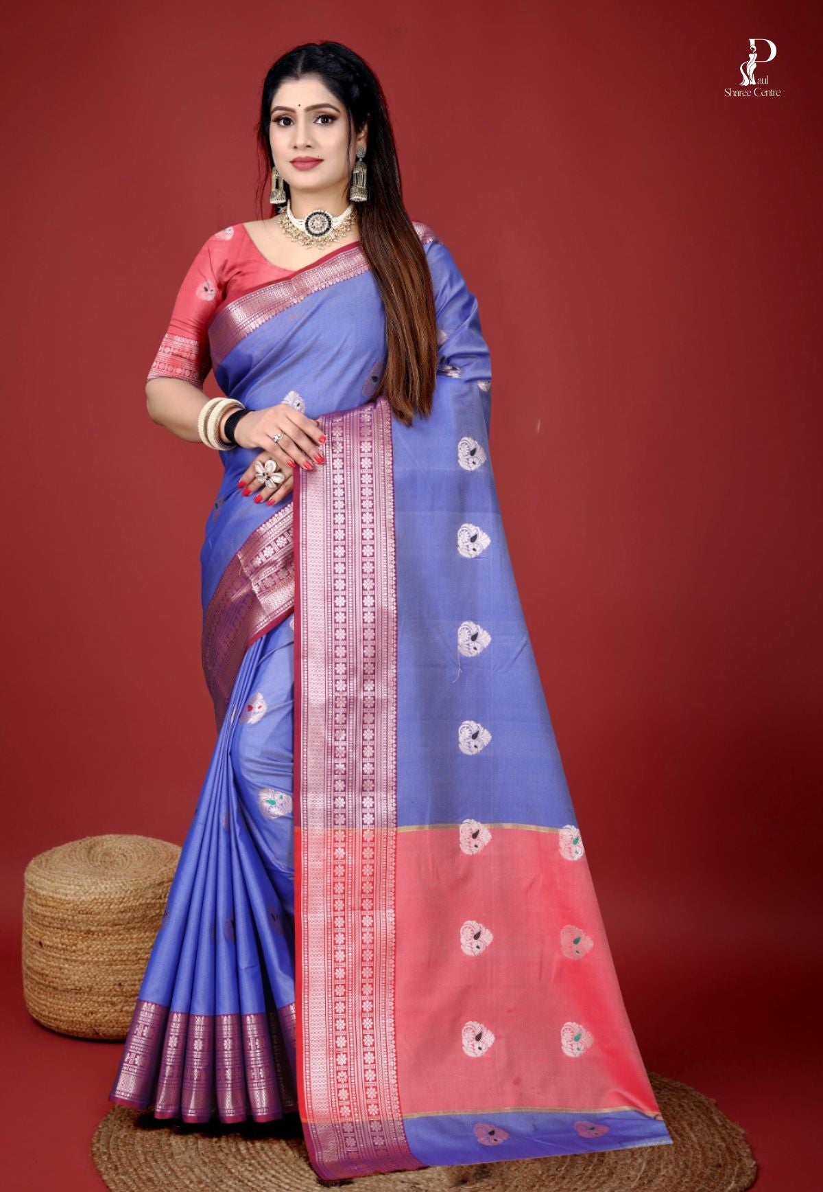 Bluish Lavender Jacquard Border Paithani Saree with Peach Border