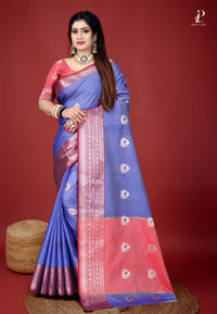 Bluish Lavender Jacquard Border Paithani Saree with Peach Border