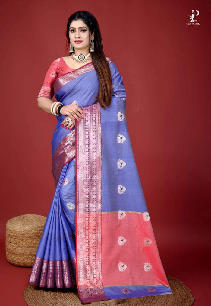 Bluish Lavender Jacquard Border Paithani Saree with Peach Border