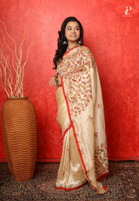 Off White Applique Work Saree with Red Border