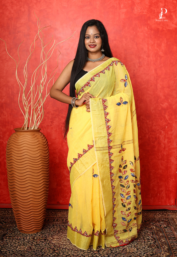 Yellow Applique Work Saree with Golden Border