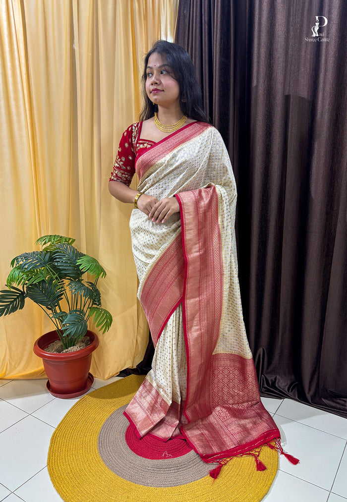 Off-White Khaddi Banarasi Saree with Red Border