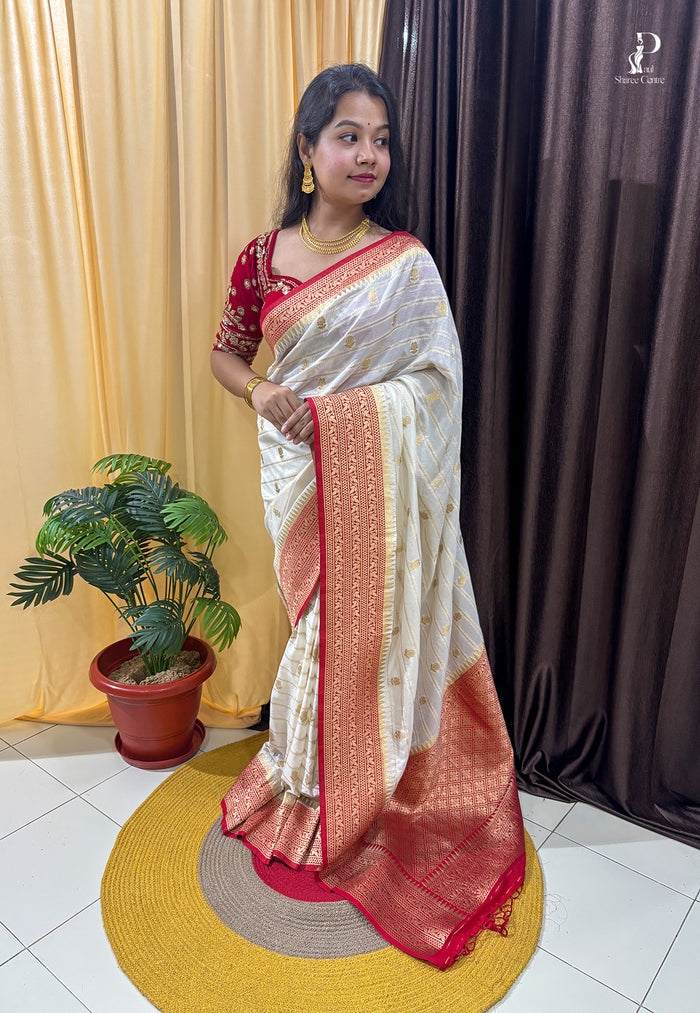 Off-White Khaddi Banarasi Saree with Red Border