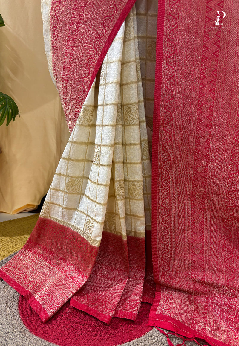 Off-White Khaddi Banarasi Saree with Red Border