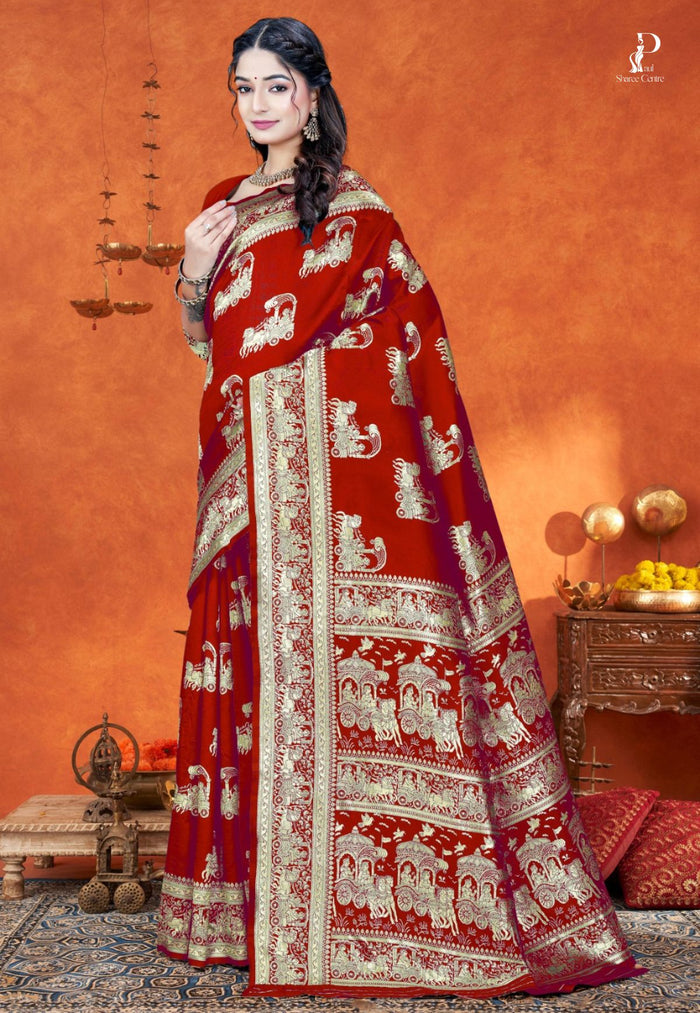 Red Katan Banarasi Saree