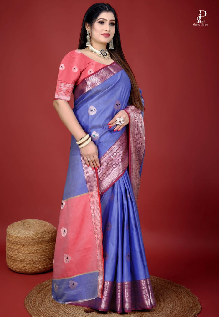 Bluish Lavender Jacquard Border Paithani Saree with Peach Border