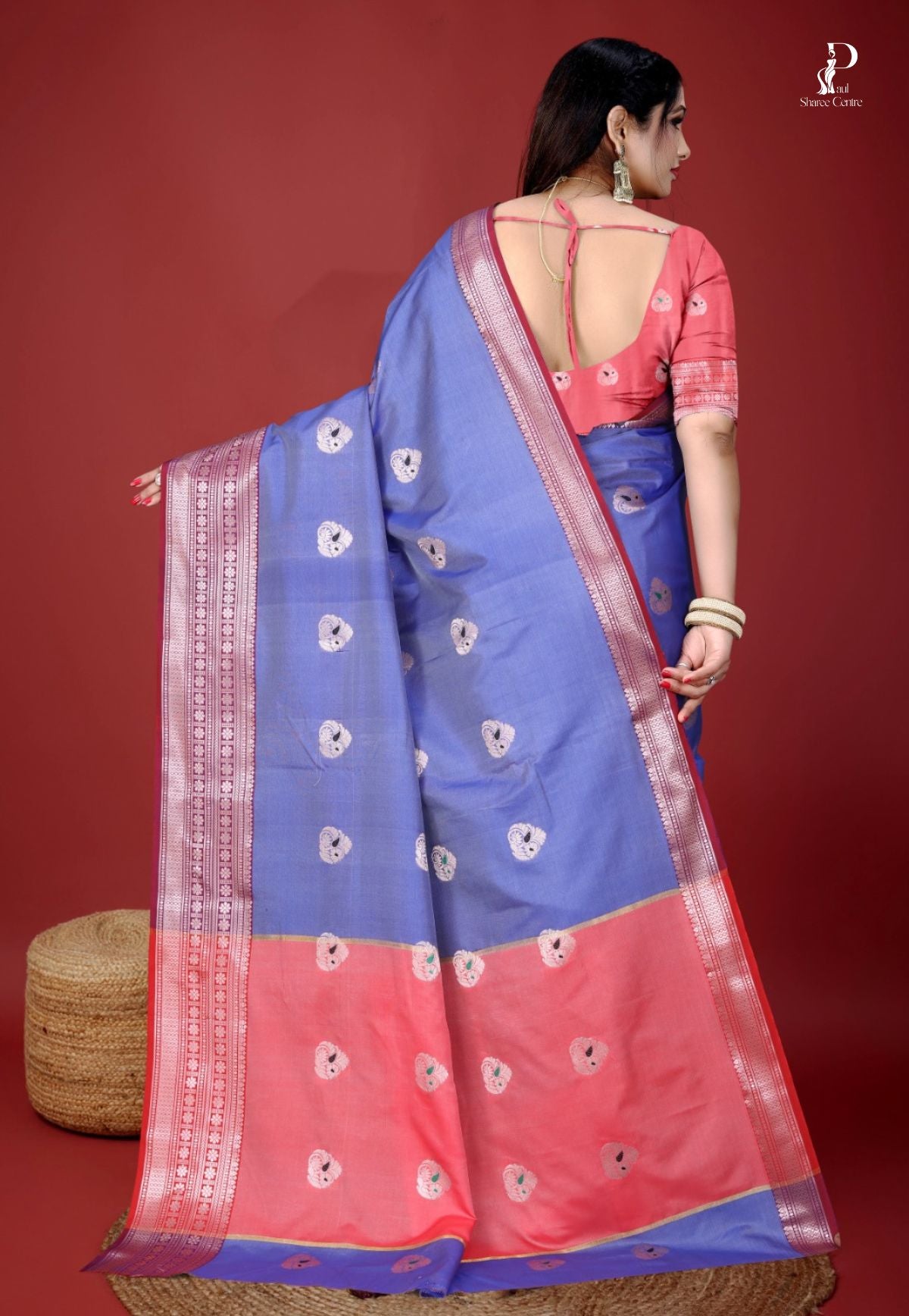 Bluish Lavender Jacquard Border Paithani Saree with Peach Border