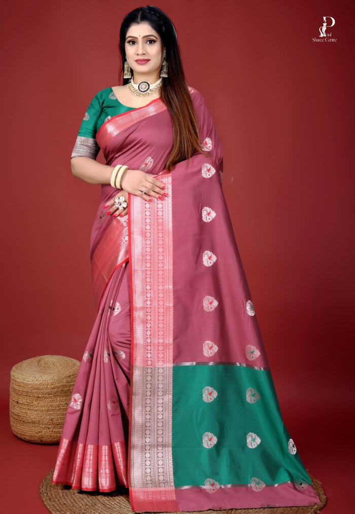Mauve Jacquard Border Paithani Saree with Green Border