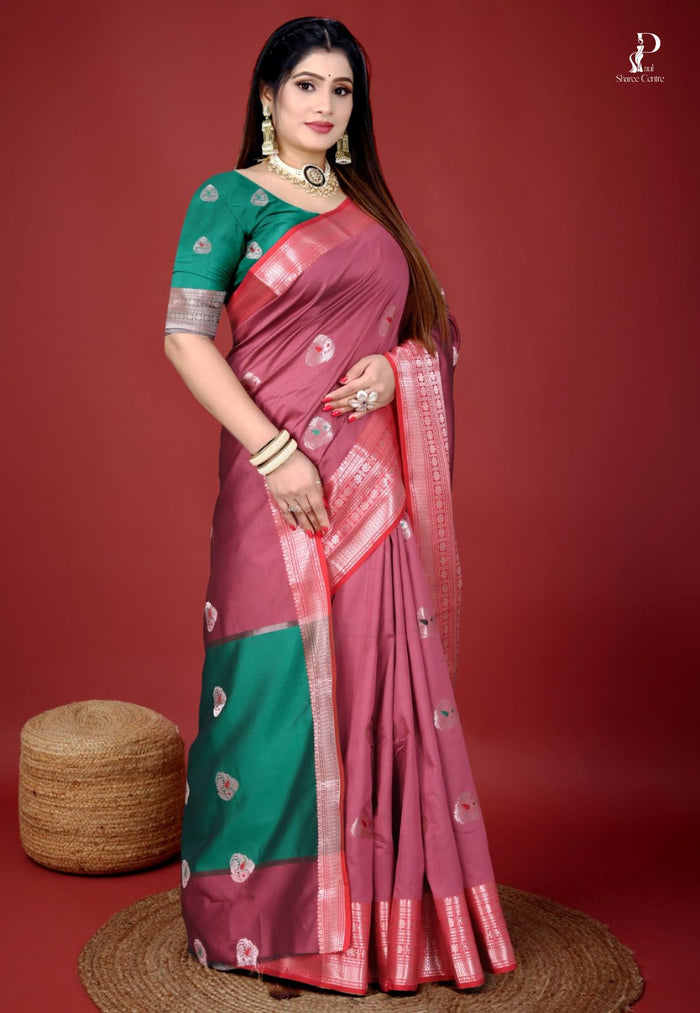 Mauve Jacquard Border Paithani Saree with Green Border