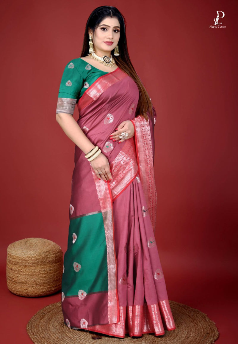 Mauve Jacquard Border Paithani Saree with Green Border