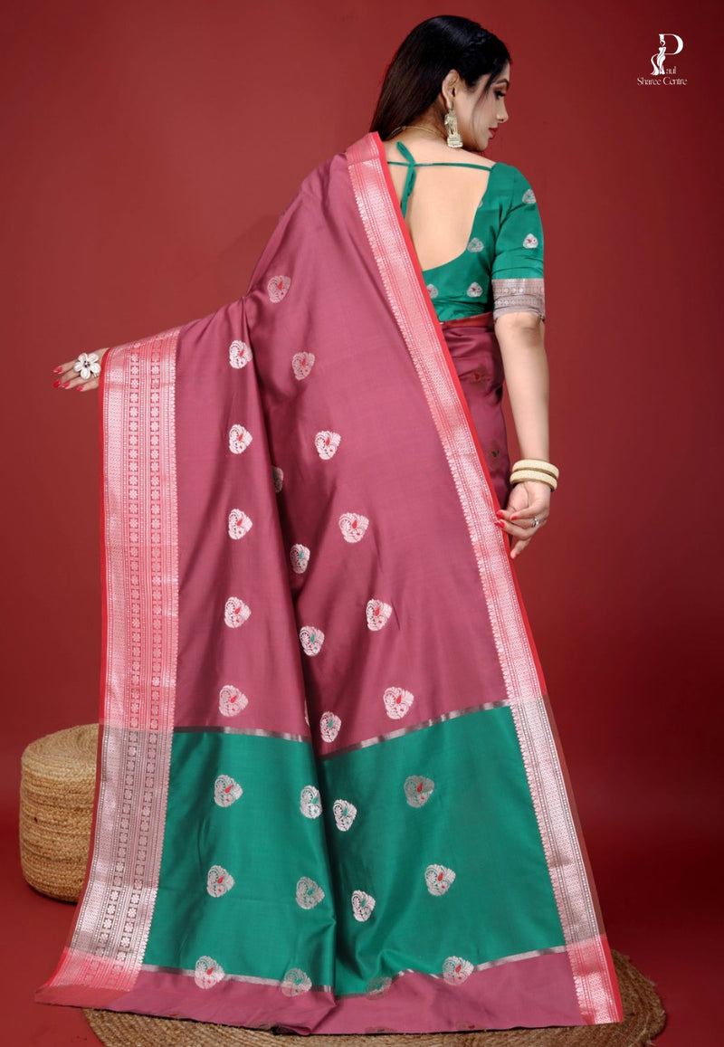Mauve Jacquard Border Paithani Saree with Green Border