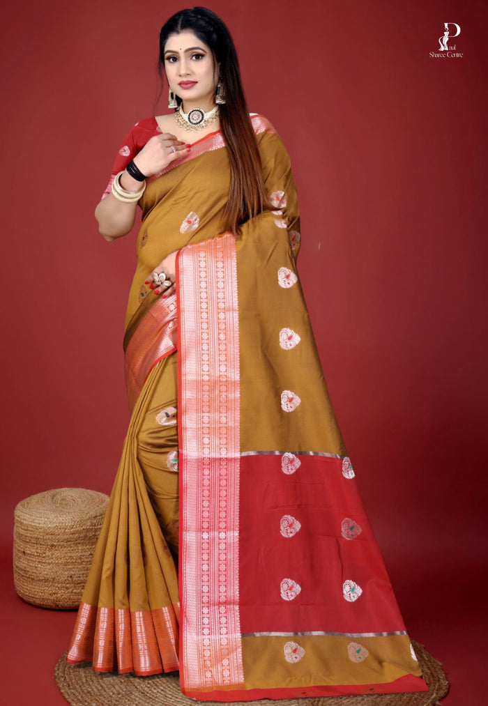 Mustard Yellow Jacquard Border Paithani Saree with Red Border