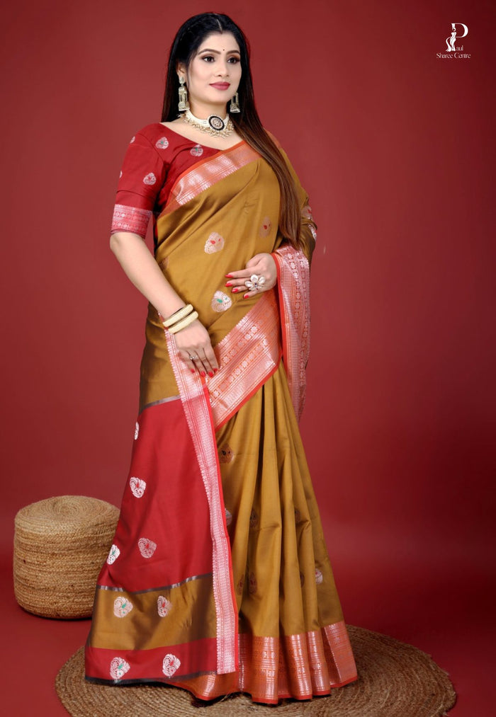 Mustard Yellow Jacquard Border Paithani Saree with Red Border