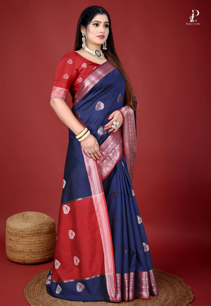 Navy Blue Jacquard Border Paithani Saree with Red Border