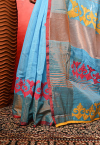 Blue Applique Work Saree with Pink Border