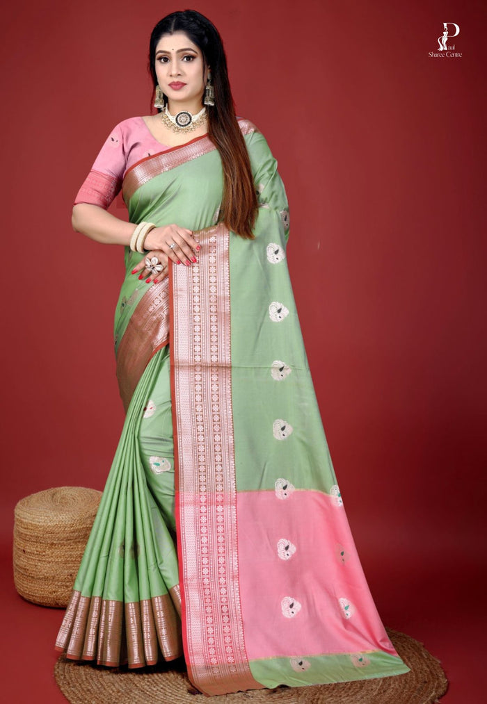 Pista Green Jacquard Border Paithani Saree with Baby Pink Border