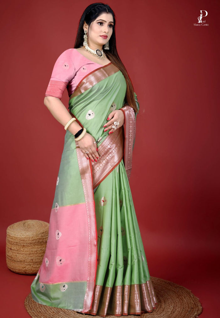 Pista Green Jacquard Border Paithani Saree with Baby Pink Border