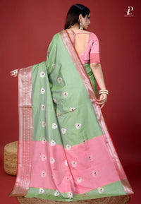 Pista Green Jacquard Border Paithani Saree with Baby Pink Border