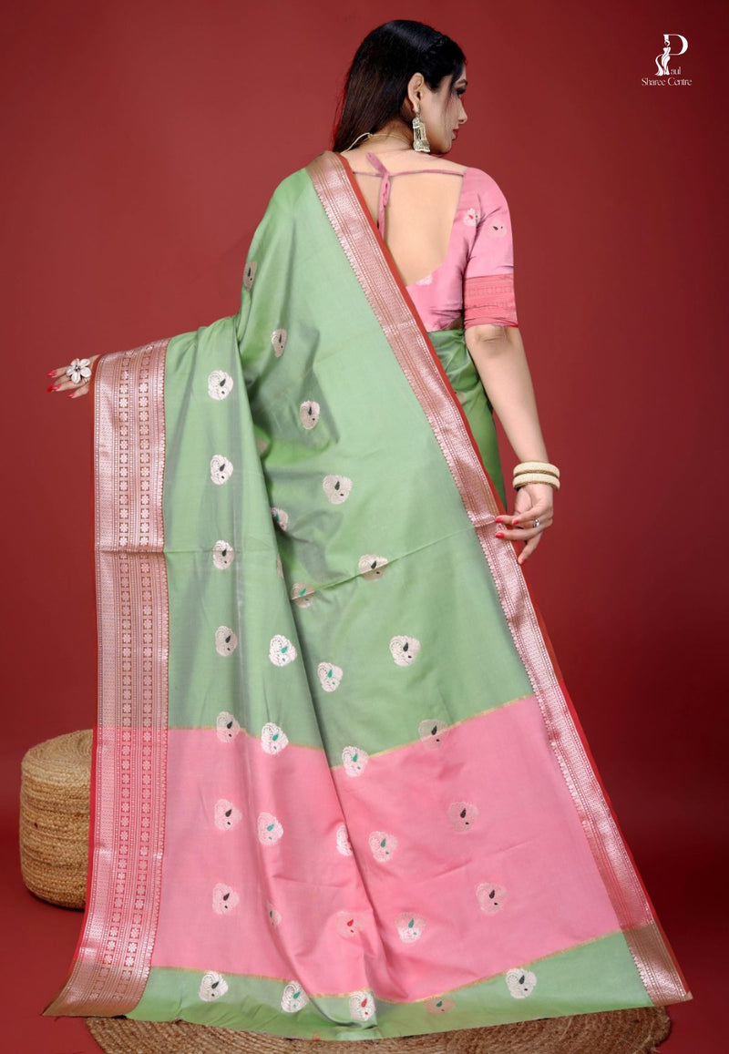 Pista Green Jacquard Border Paithani Saree with Baby Pink Border