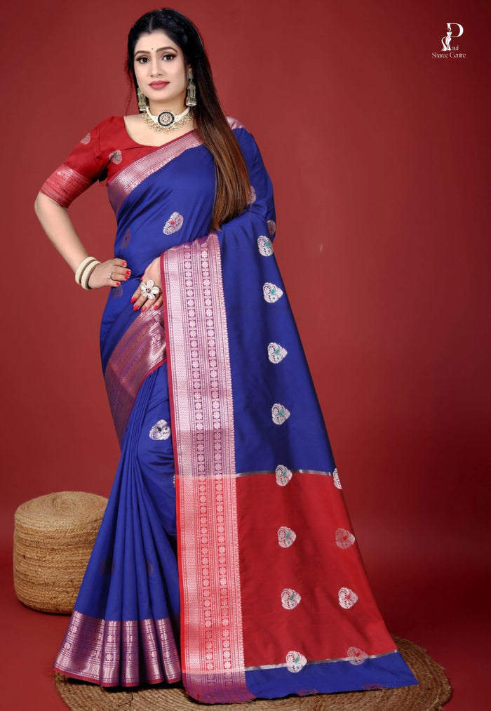 Royal Blue Jacquard Border Paithani Saree with Red Border