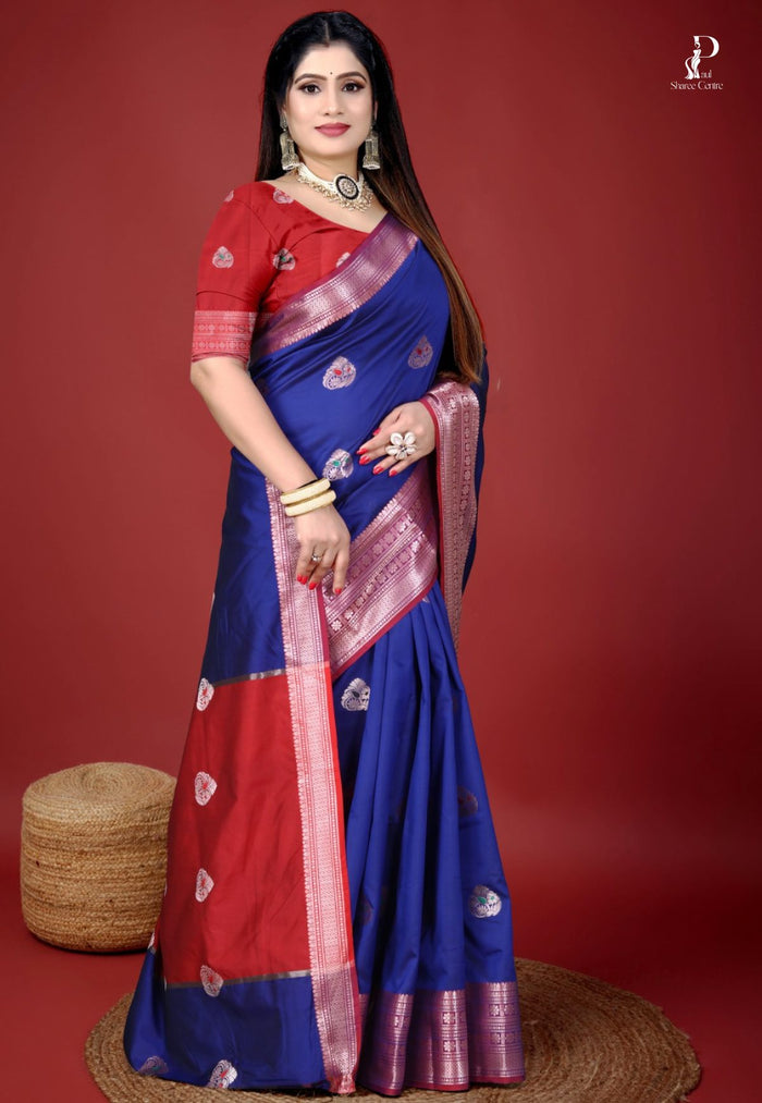 Royal Blue Jacquard Border Paithani Saree with Red Border
