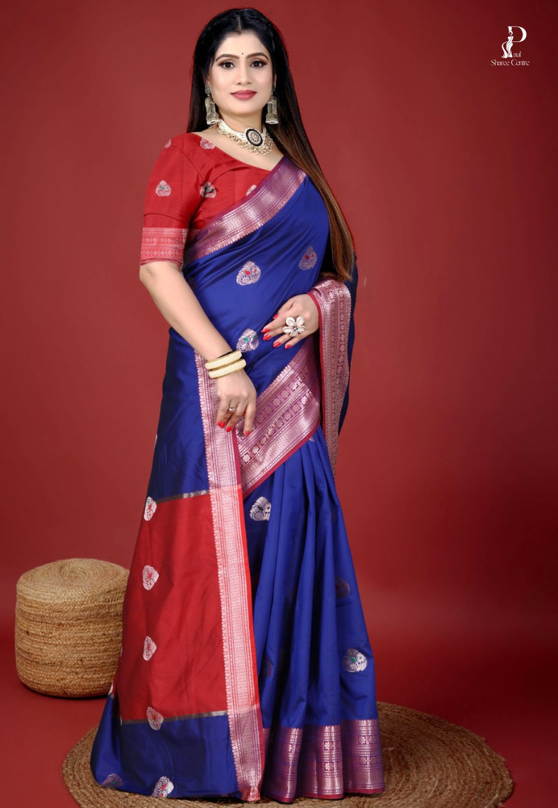 Royal Blue Jacquard Border Paithani Saree with Red Border
