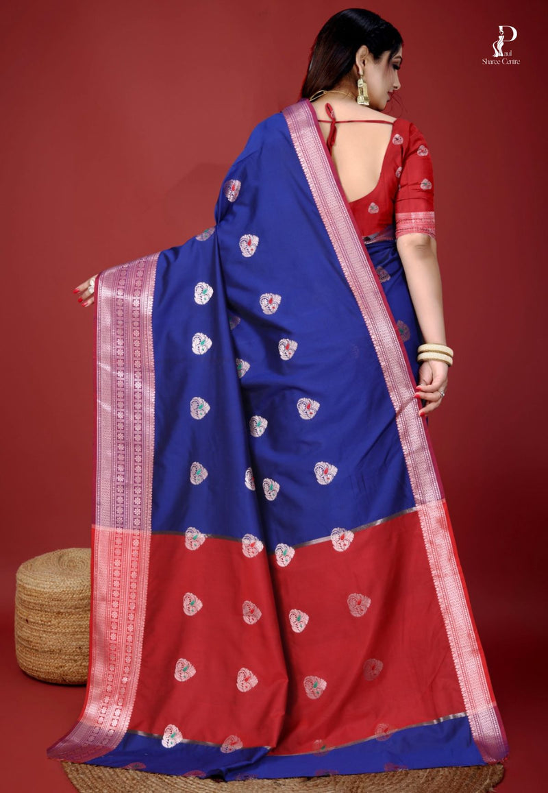 Royal Blue Jacquard Border Paithani Saree with Red Border