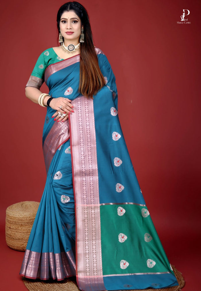 Teal Blue Jacquard Border Paithani Saree with Green Border