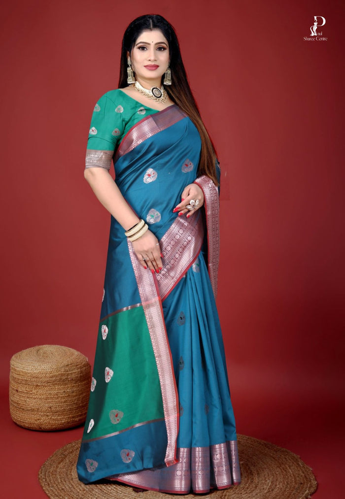 Teal Blue Jacquard Border Paithani Saree with Green Border
