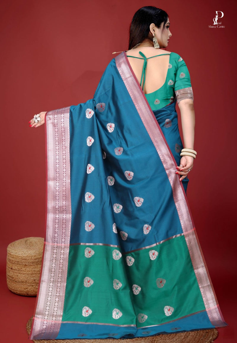 Teal Blue Jacquard Border Paithani Saree with Green Border