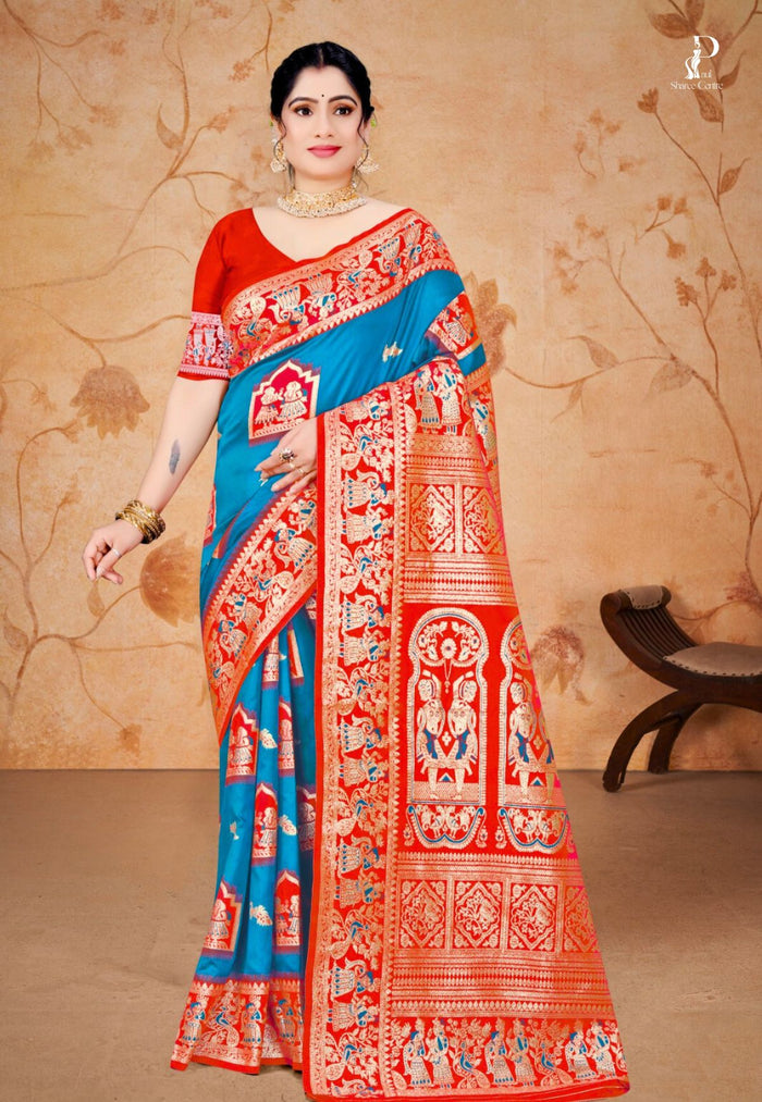 Firoza Baluchari Silk Saree with Red Border