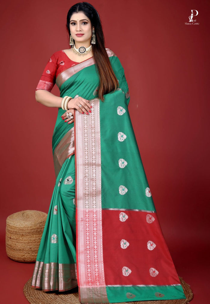 Red Jacquard Border Paithani Saree with Green Border