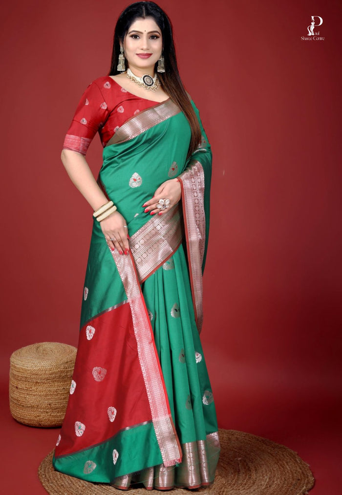 Red Jacquard Border Paithani Saree with Green Border