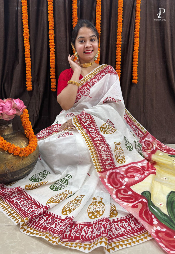 Maa Durga Hand Painted Saree