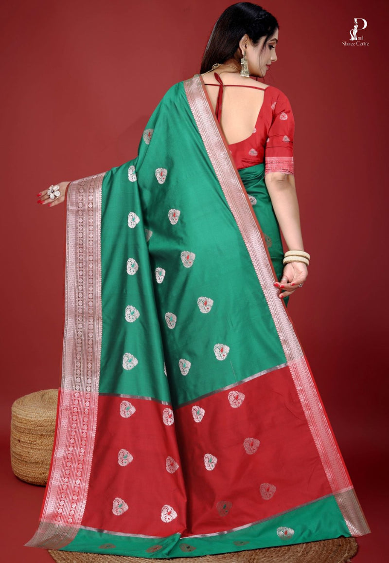 Red Jacquard Border Paithani Saree with Green Border