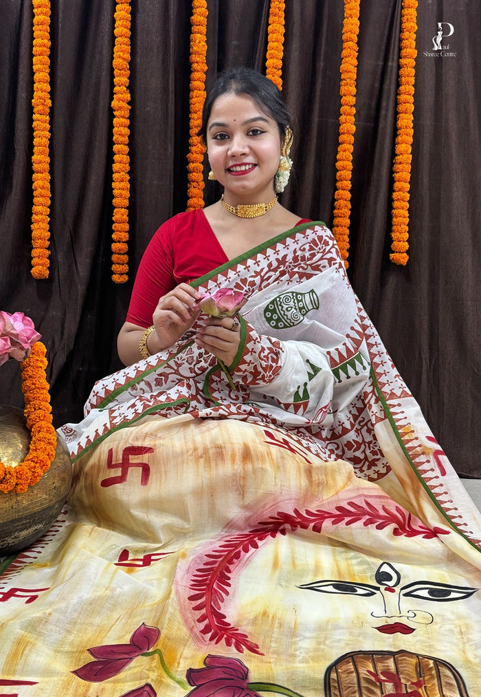 Maa Durga Hand Painted Saree