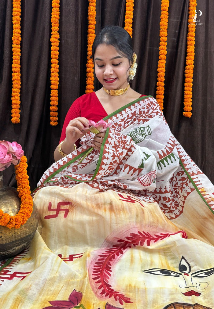 Maa Durga Hand Painted Saree