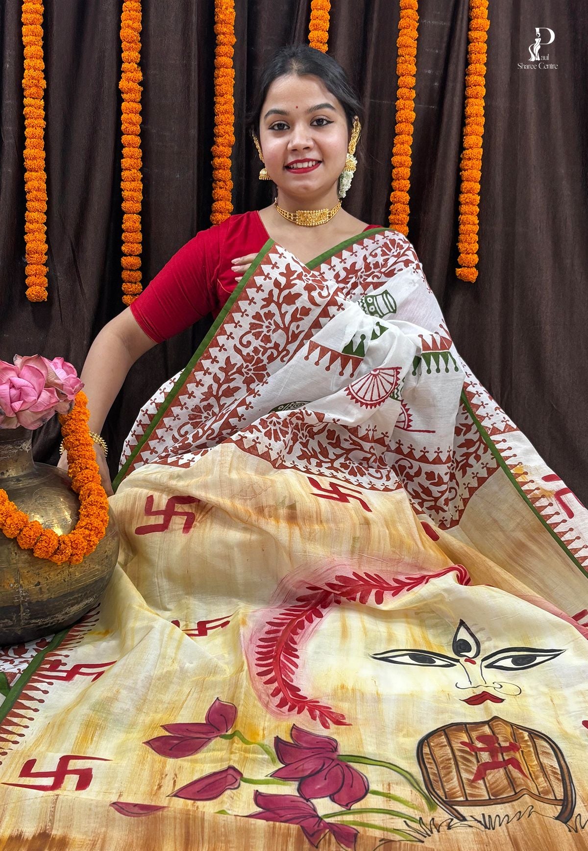 Maa Durga Hand Painted Saree