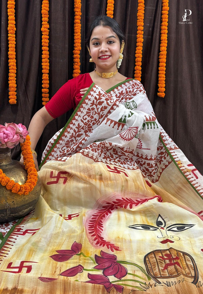 Maa Durga Hand Painted Saree