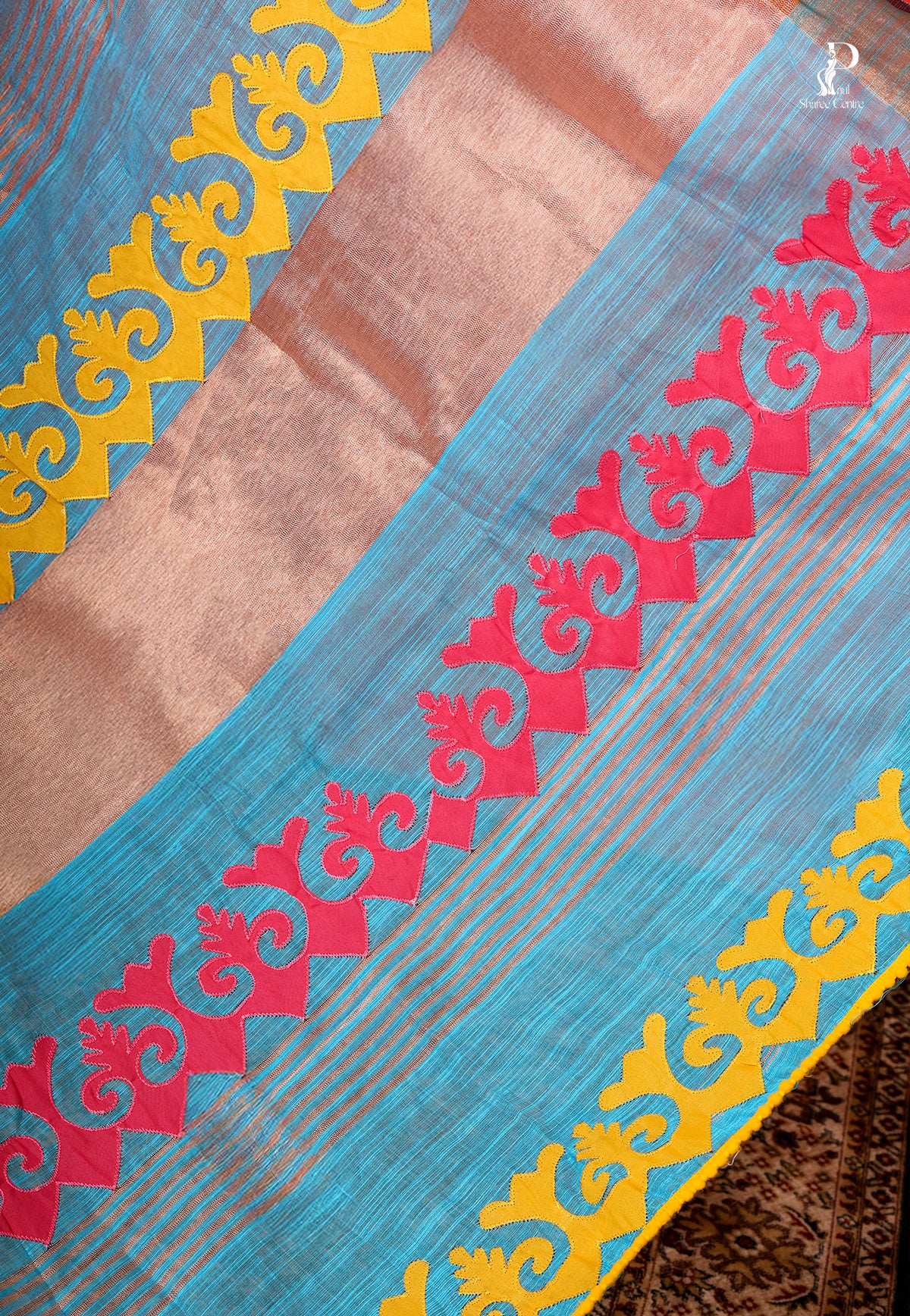 Blue Applique Work Saree with Pink Border