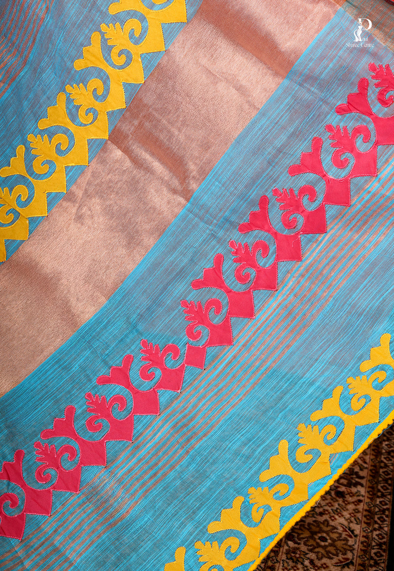 Blue Applique Work Saree with Pink Border