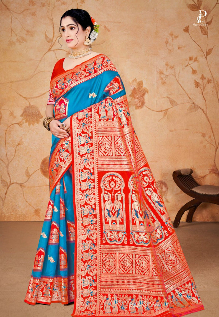 Firoza Baluchari Silk Saree with Red Border