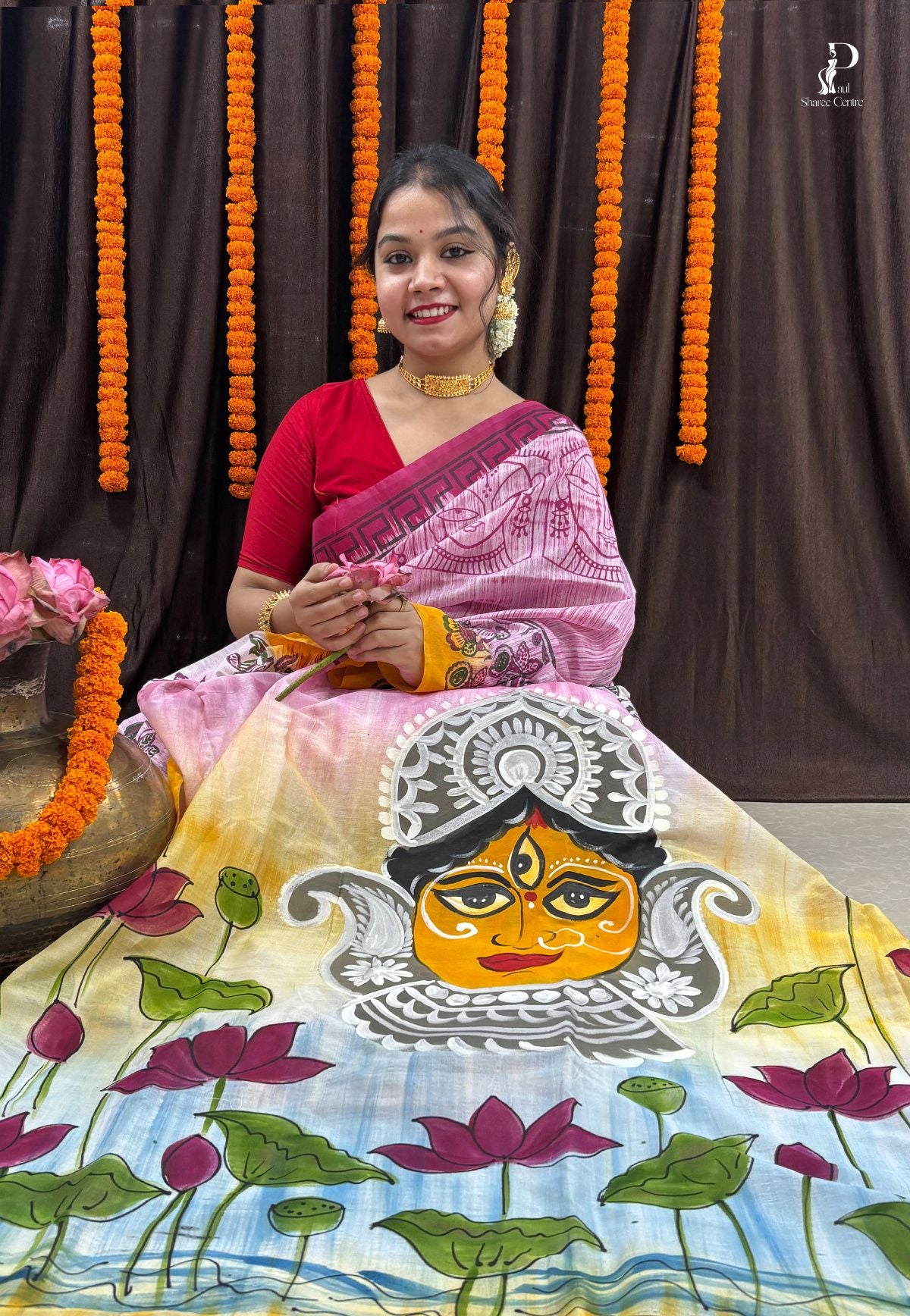 Maa Durga Hand Painted Saree