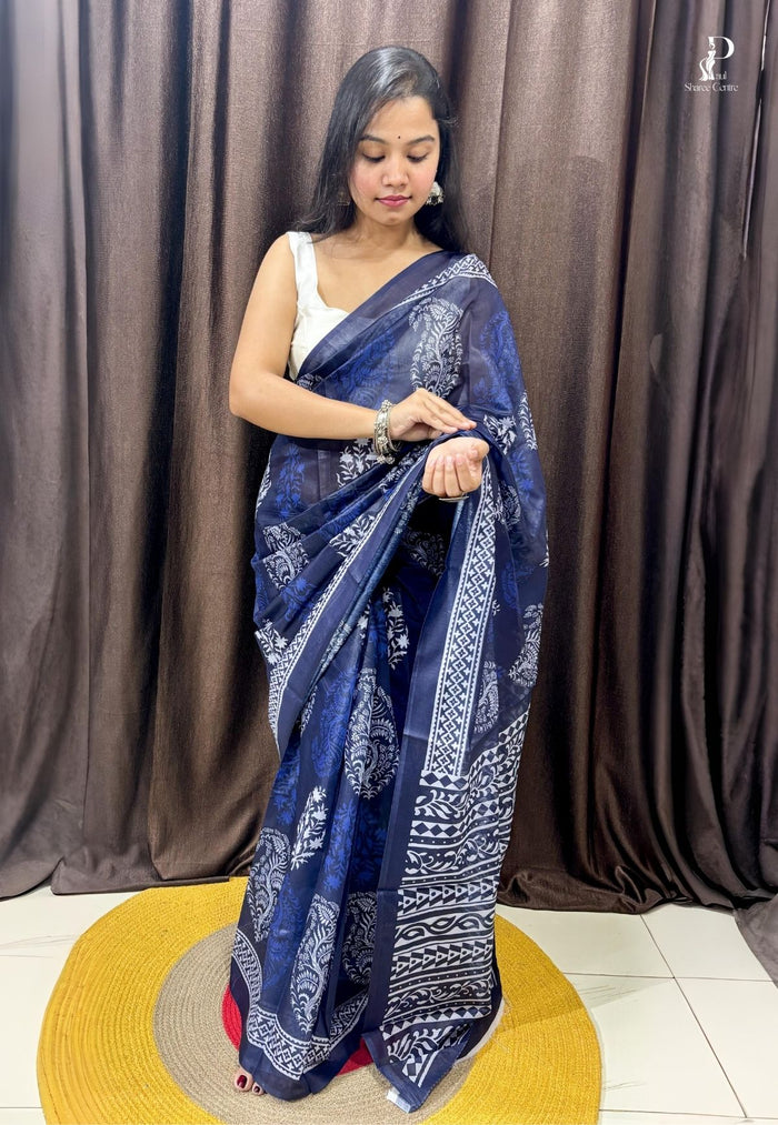 Navy Blue Printed Silk Saree