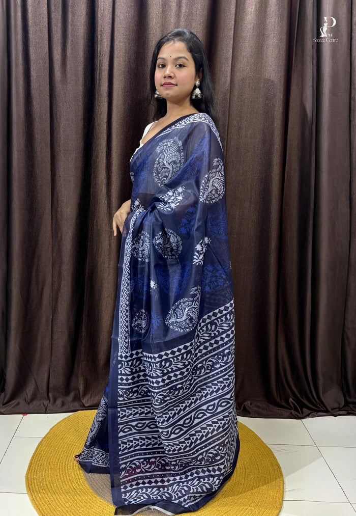 Navy Blue Printed Silk Saree