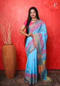 Blue Applique Work Saree with Pink Border