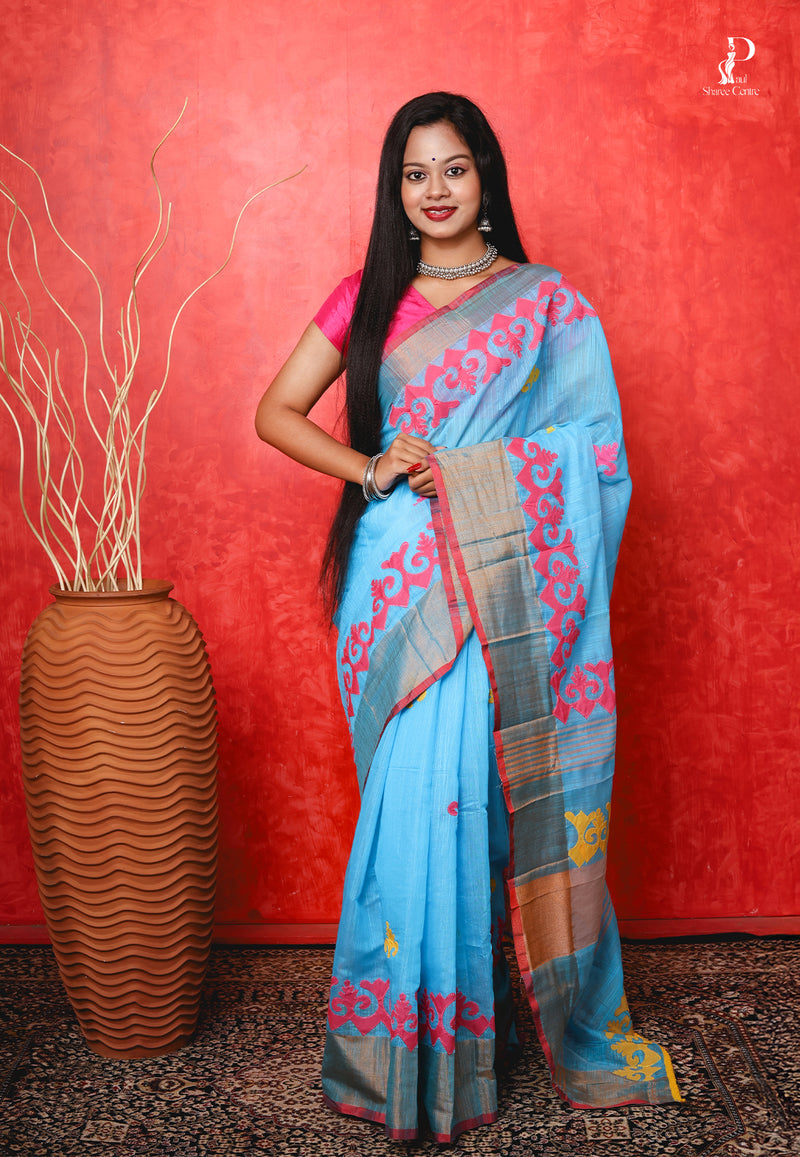 Blue Applique Work Saree with Pink Border