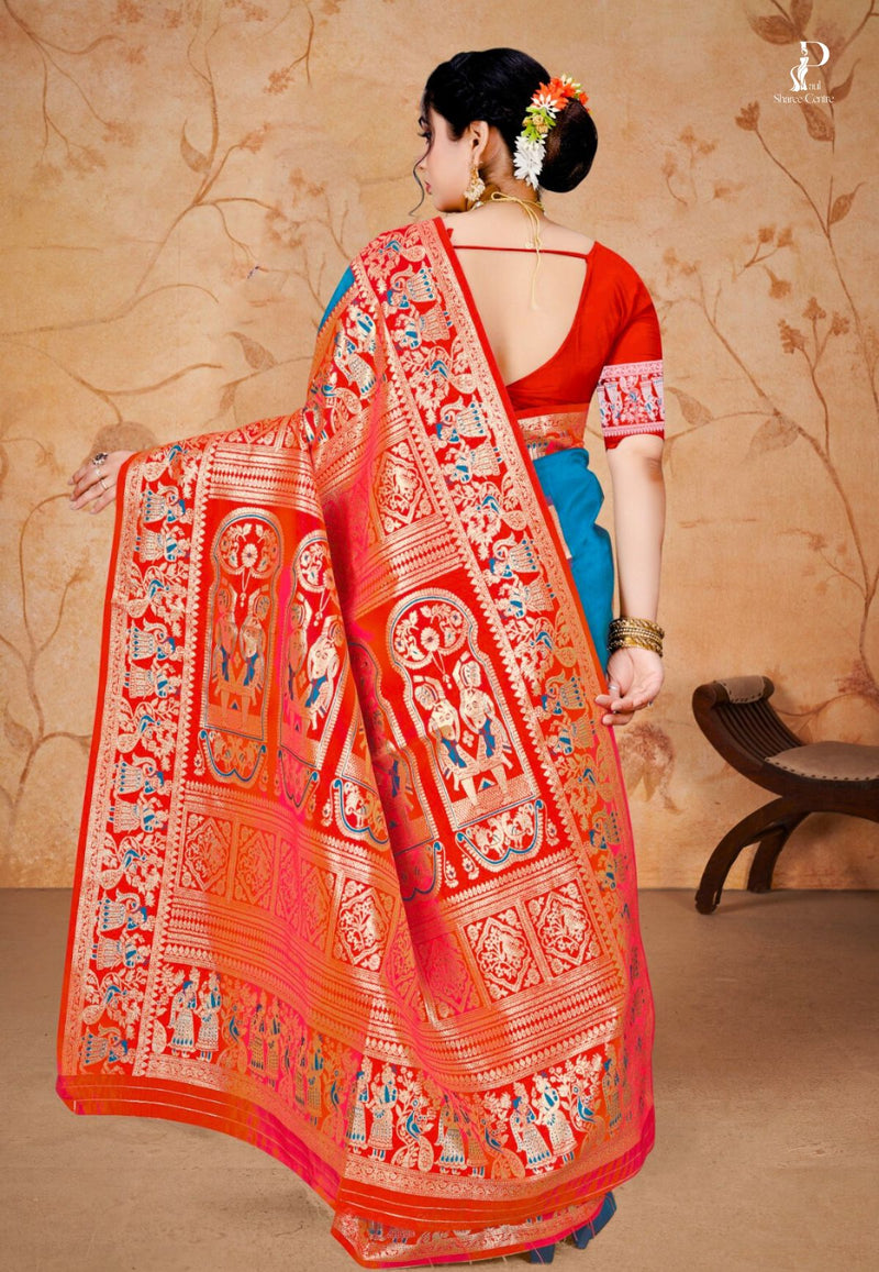 Firoza Baluchari Silk Saree with Red Border